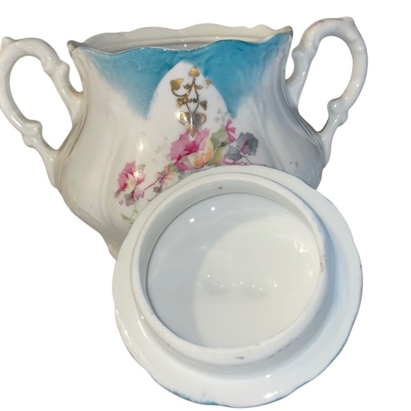 Antique Prussia Porcelain Double Handled Lidded Sugar Dish Pink Florals Elegant - Picture 5 of 9